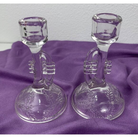 Vintage Pair Glass Taper Candle Holders Trumpet Bugle Shaped Floral Etched - Picture 3 of 5